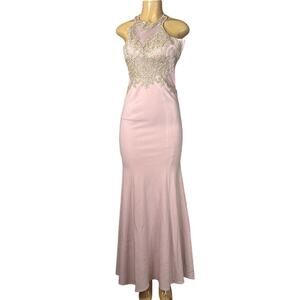 XSCAPE High Neck Mermaid Gown Embroidered Rhinestones Sheer Mesh Dress SZ 0